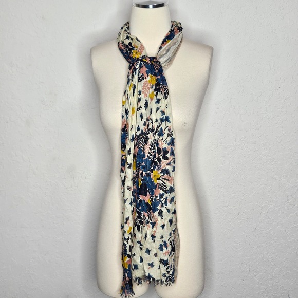 LOFT Accessories - Ann Taylor LOFT Floral Scarf Cream Blue Pink Yellow Gauze Frayed Edge Boho Wrap